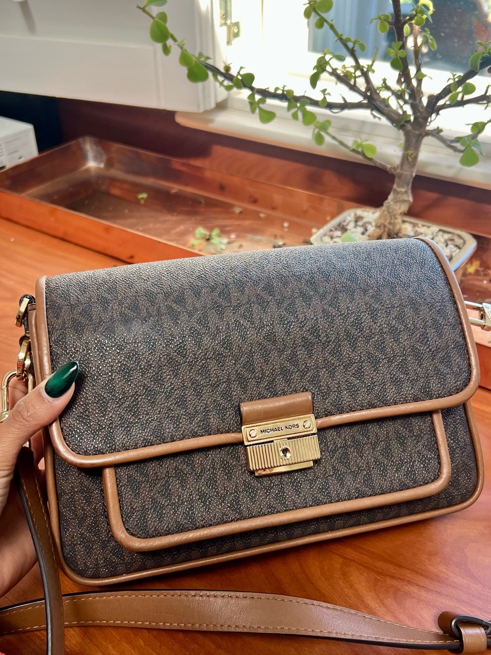 Michael Kors Brown Logo-Print Crossbody with Tan Trim